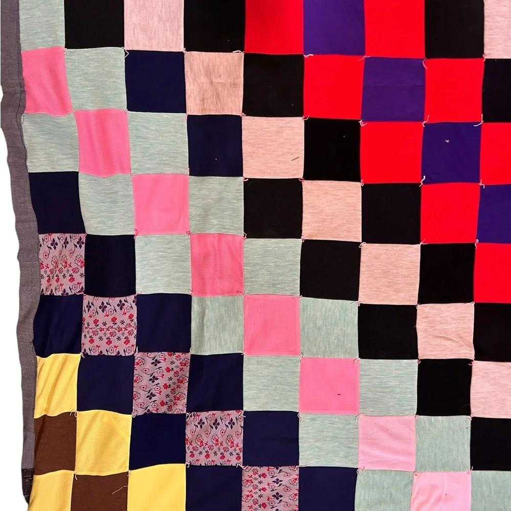 Vintage 70s Handmade Multi Color Block Patchwork Granny Square Blocks Quilt